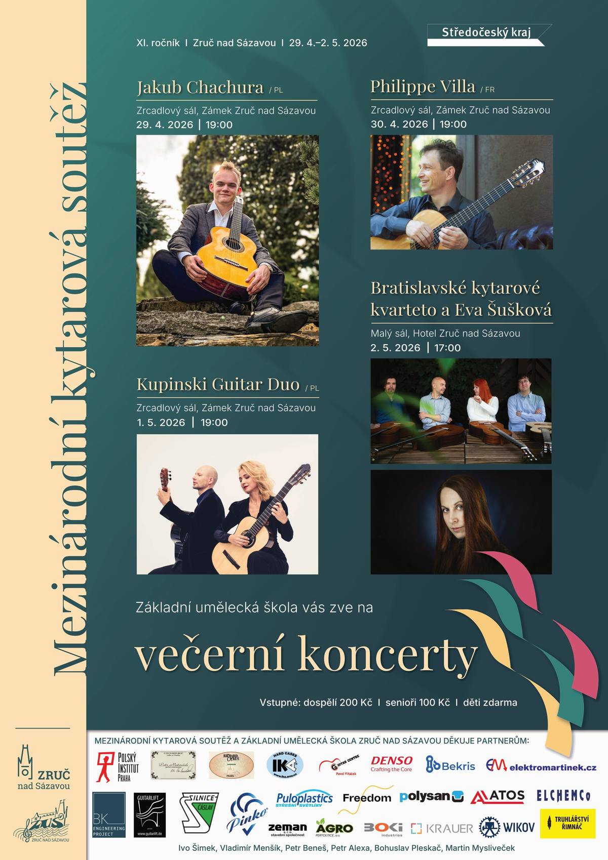 Základní umělecká škola Zruč nad Sázavou a Mezinárodní kytarová soutěž srdečně zve všechny spoluobčany na večerní koncerty.     Program koncertů:  29. 4. – zahajovací koncert polského kytaristy Jakuba Chachury, laureáta minulého ročníku 30. 4. – francouzský virtuóz Philippe Villa s romantickým programem francouzských skladatelů 1. 5. – světoznámé polské kytarové Duo Kupinski      Tyto koncerty se konají vždy od 19:00 hod. v Zrcadlovém sálu Zručského zámku.     Závěrečný koncert obstará fenomenální Bratislavské kytarové kvarteto v kooperaci se slavnou slovenskou sopranistkou Evou Šuškovou, kteří nás společně přenesou mimo jiné do rozpáleného Španělska v podobě temperamentní hudby Manuela de Fally. Tento koncert se uskuteční v sobotu 2. května od 17:00 hod. v Malém sálu Hotelu Zruč.     Těšíme se na společná hudební setkání!