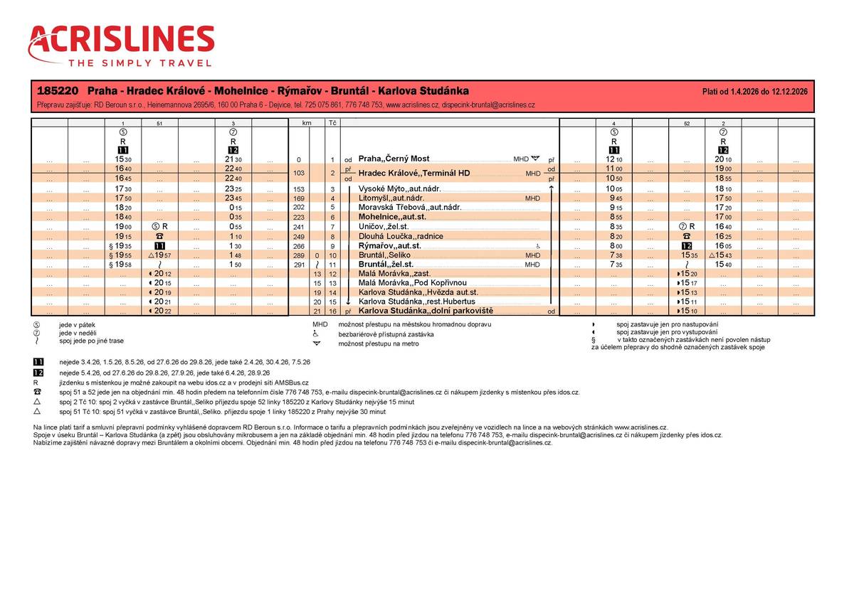 od Dubna je přidán  nový spoj Bruntál-Praha přes Rýmařov a zpět.  Karlova Studánka-Bruntál-Praha a zpět.