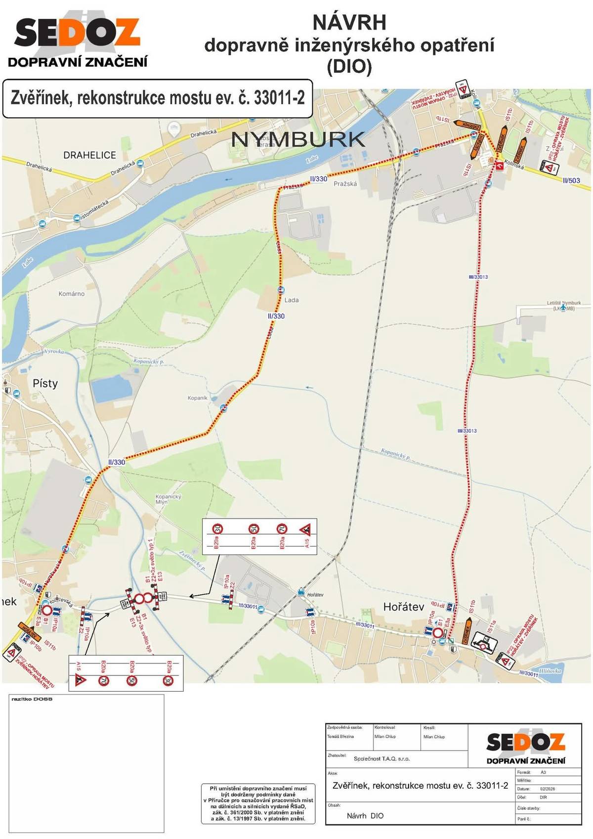 📢 Informace pro občany – plánovaná objízdná trasa mezi Hořátví a Zvěřínkem Důvodem je oprava havarijního stavu mostu ev. č. 33011-2 přes Výrovku, která si vyžádá úplnou uzavírku silnice III/33011.  📅 Předpokládaný termín uzavírky: 13. dubna 2026 – 13. října 2026  🚧 Objízdná trasa bude vedena po silnicích: II/330, II/503, III/33013  Děkujeme za pochopení a trpělivost během dopravních omezení.