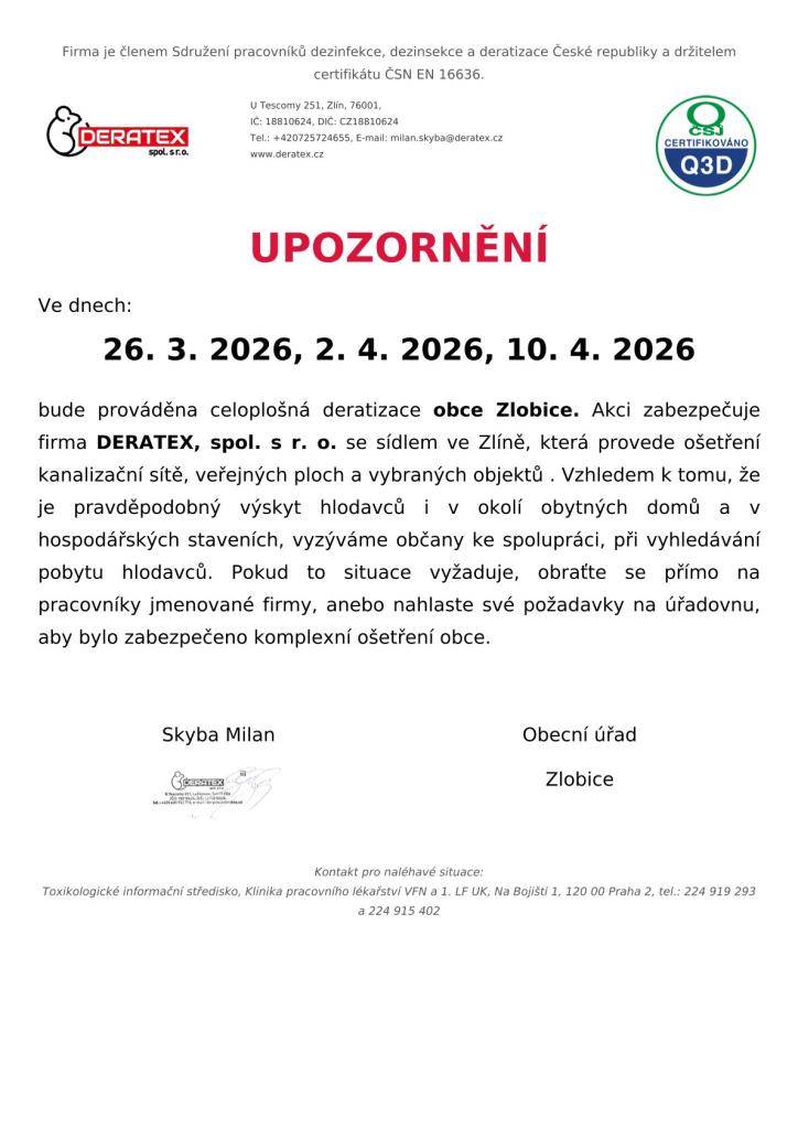 Deratizace Zlobice-Bojanovice