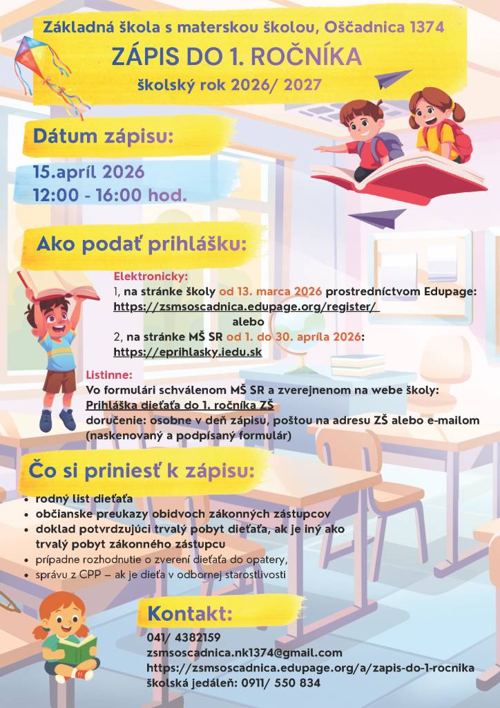 sa uskutoční 15. apríla 2026 od 12:00 do 16:00 hod. v priestoroch základnej školy na nižnom konci, prípadne elektronicky.