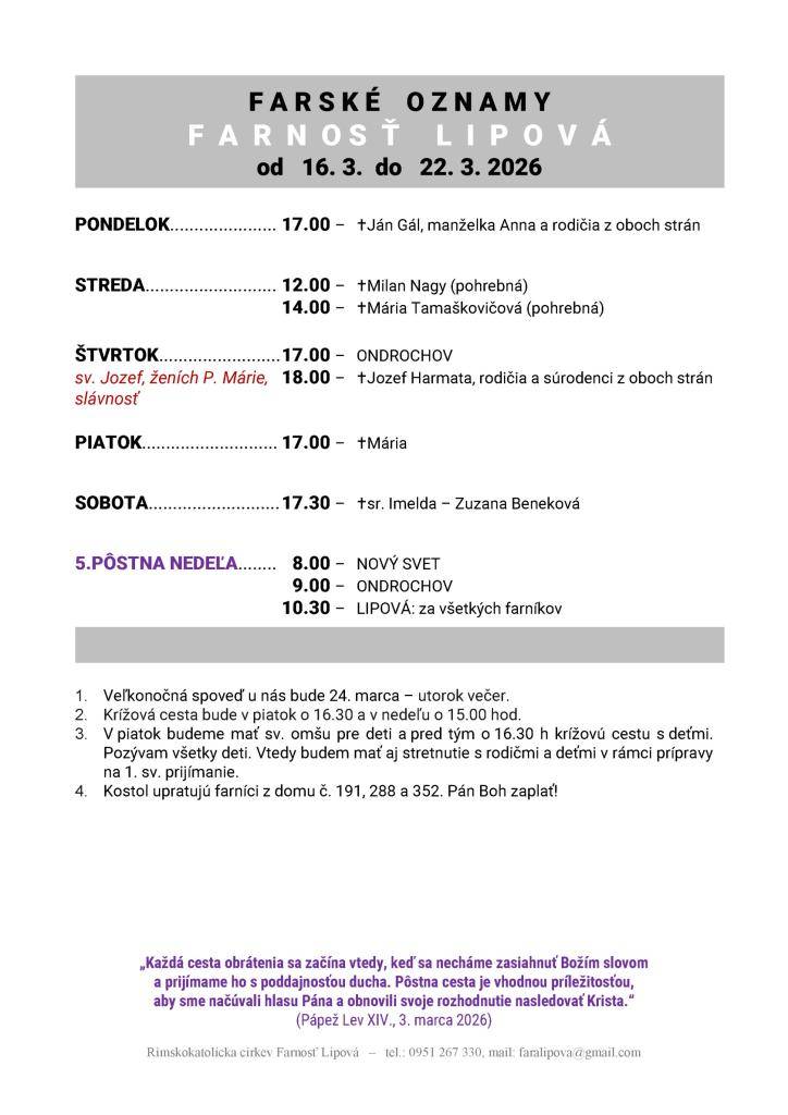 Poriadok bohoslužieb od 16.03. do 22.03.2026