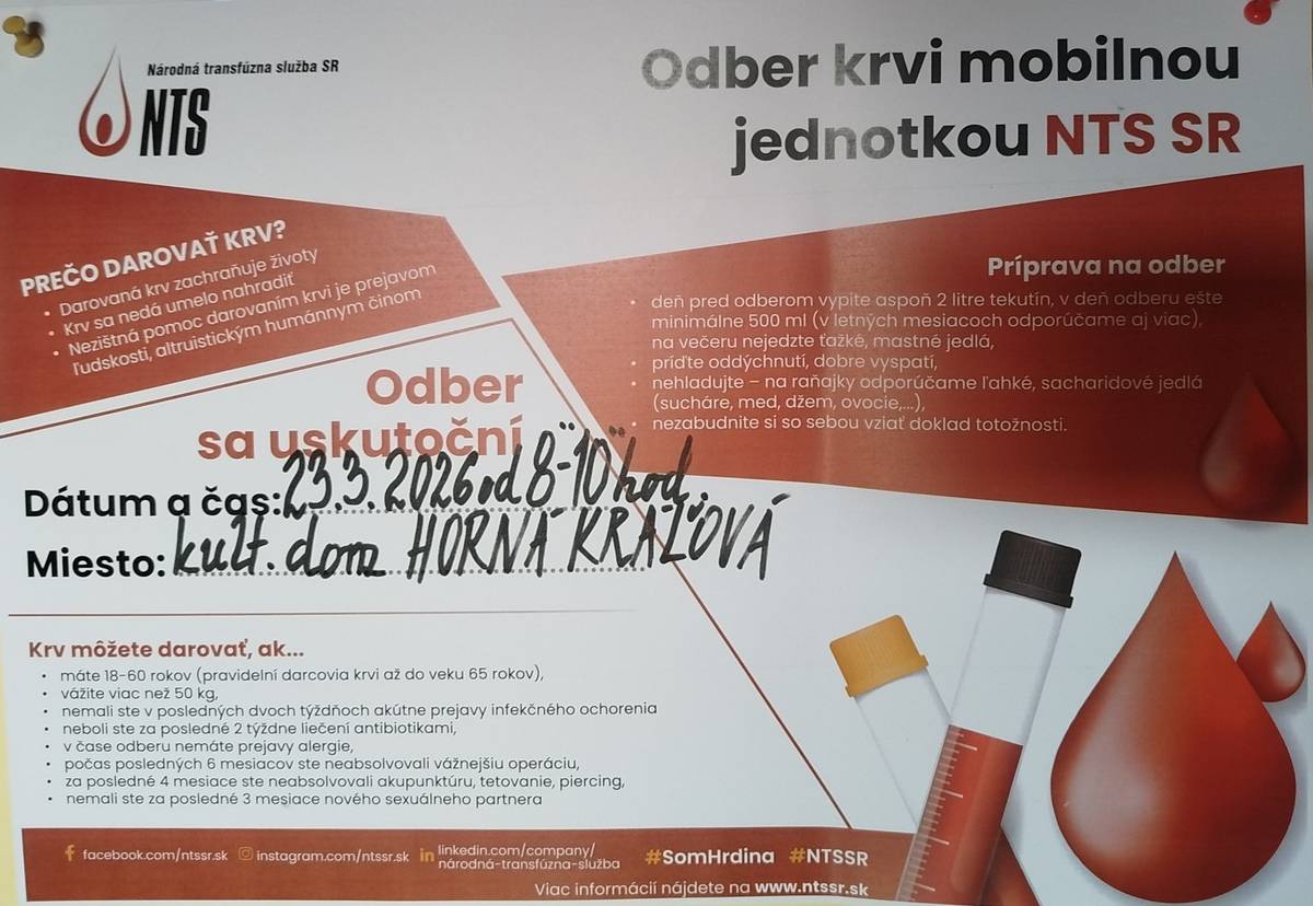 23.3.2026 od 8.00 do 10.00 hod v kultúrnom dome