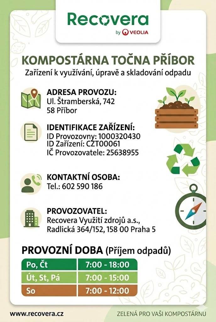 Informujeme občany o zahájení běžného provozu kompostárny na Točně, a to od 16. března 2026. Provozní doba v sezóně Pondělí 7.00 - 18.00 Úterý 7.00 - 15.00 Středa 7.00 - 15.00 Čtvrtek 7.00 - 18.00 Pátek 7.00 - 15.00 Sobota 7.00 - 12.00 Kontakt: technický pracovník: Jaromír Šedý, tel.: 602 590 186. Občané mohou na kompostárnu vozit a zdarma odevzdávat veškerý bioodpad ze zahrad – jako např. větve, trávu, listí či rostliny, které si nechtějí kompostovat sami.