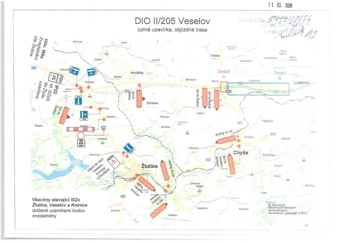 Magistrát města Karlovy Vary stanovil přechodnou úpravu provozu na silnicích II/205, II/226 a II/194 v souvislosti se stavbou „II/205 Silniční obchvat Veselov“. Úprava provozu se dotkne území obcí Žlutice – Veselov, Chyše, Vrbice a Verušičky. Termín: od 1. května 2026 do 30. září 2026 V uvedeném období bude doprava v dotčených úsecích řízena podle přechodného dopravního značení. V případě potřeby může být provoz usměrňován také pracovníky stavby. Žádáme řidiče i ostatní účastníky silničního provozu o zvýšenou opatrnost a respektování dopravního značení. https://www.zlutice.cz/radnice/uredni-deska-1/verejna-vyhlaska-opatreni-obecne-povahy-c-48-2026-745.html?kshow=28 Děkujeme za pochopení.