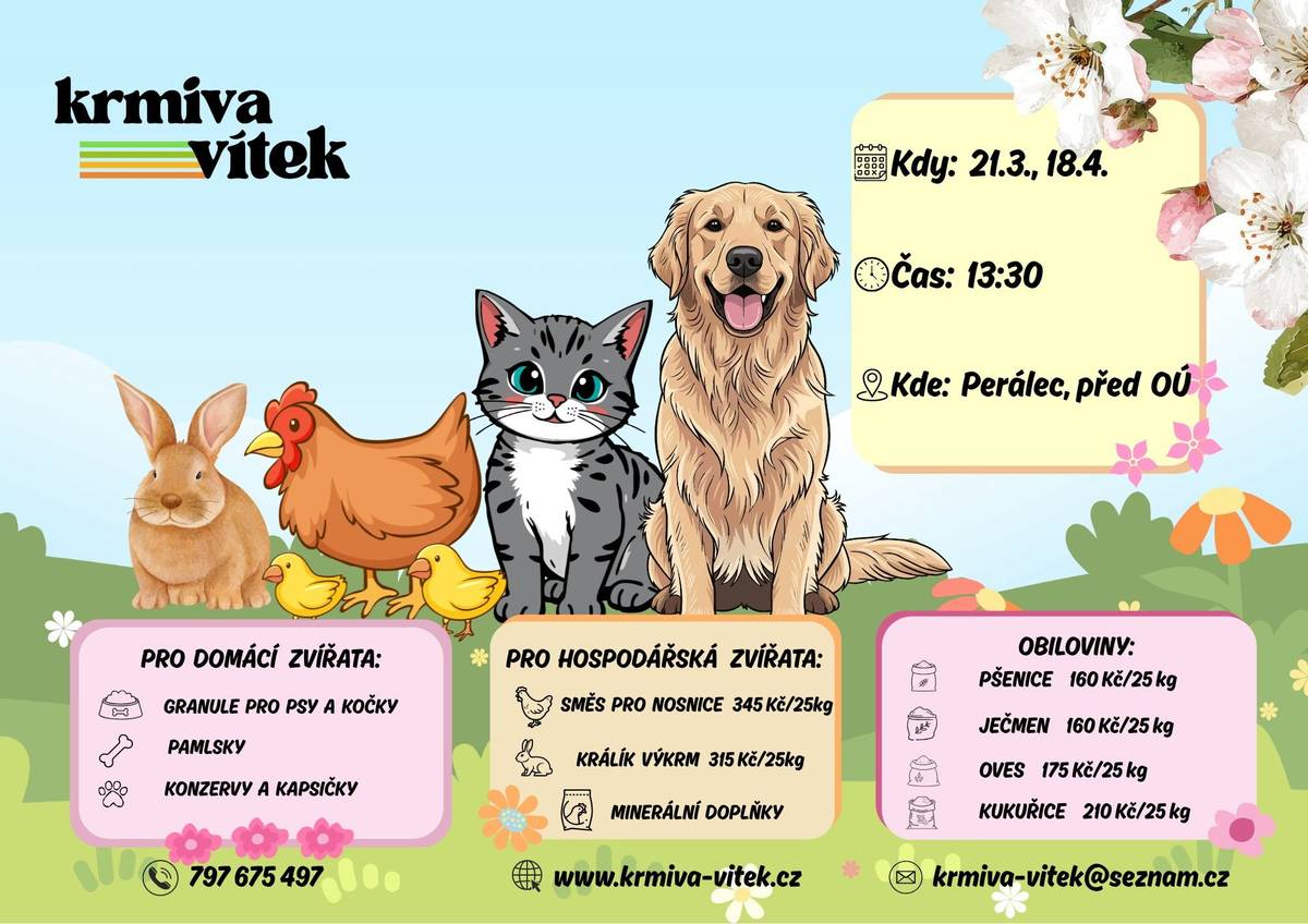 Firma Vítek, bude 21.3. od 13:30 před OÚ prodávat krmiva pro domácí a hospodářská zvířata. Akce:letní směs pro nosnice 345 Kč/25kg,králík výkrm 315 Kč/25kg, kapsičky pro kočky od 5 Kč/ks.