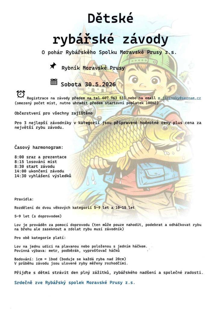 Dětské rybářské závody - Rybník Moravské Prusy 30.5.2026 v 8:00 hodi