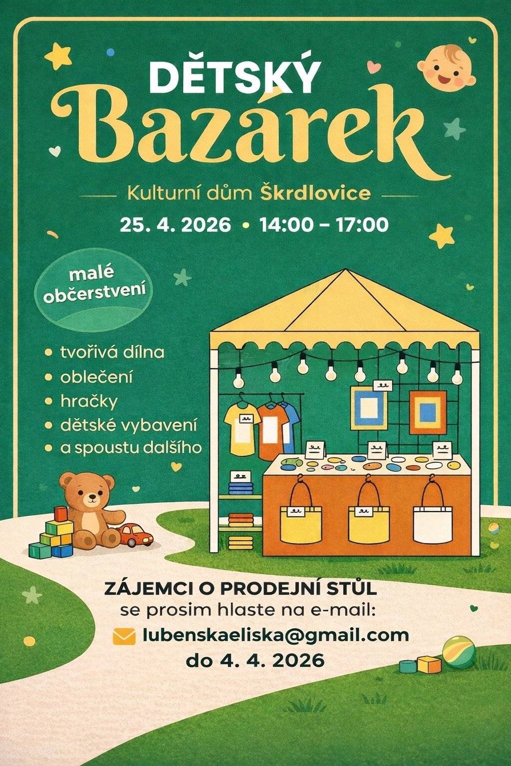 Přijmete pozvání na dětský bazárek. Letos má již 3.ročník pořádání. Přijde se podívat, vybrat jarní/letní oblečení pro své ratolesti. Zajištěno bude občerstvení, pro děti tvořivá dílnička a další :) Kdo by chtěl být prodejce přihlaste se o svůj stůl k prodeji u Elišky Lubenské.