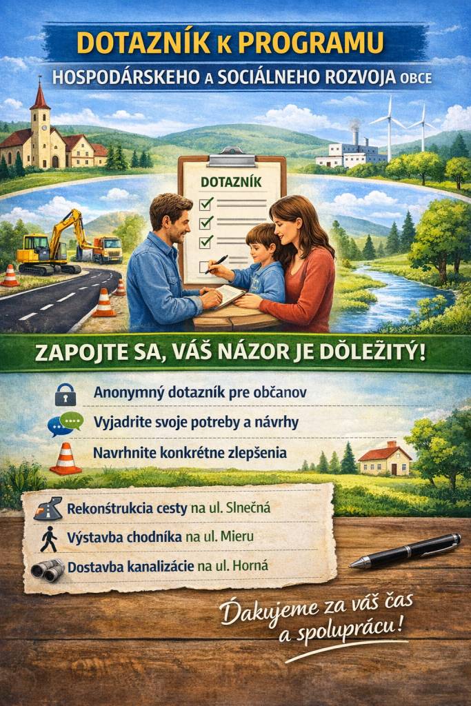 Vážení občania,  obec pripravuje Program hospodárskeho rozvoja a sociálneho rozvoja, ktorý pomôže určiť smerovanie ďalšieho rozvoja našej obce v nasledujúcich rokoch.