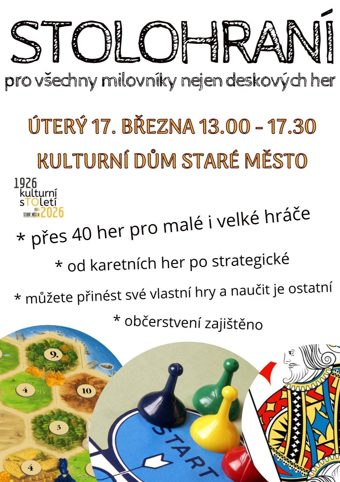 Venku je sychravo, ale vy byste rádi vyrazili do společnosti? Co si třeba užít herní odpoledne v kulturním domě v rámci našeho úterního STOLOHRANÍ? Čeká vás více než 40 stolních her všeho druhu. Každý si vybere, co ho baví. Přijďte s partou nebo sami, můžeme se navzájem inspirovat, naučit se něco nového a především HRÁT. V malém sále KD 13.00 - 17.30. Pro malé diváky a fanoušky dobrodružných animáků jsme připravili na středu 18. března v kině Sněžník film Mazlíčci v průšvihu. Promítání začíná v 16.30 a rozhodně nebude chybět notná dávka dobrodružství ani popcornu.