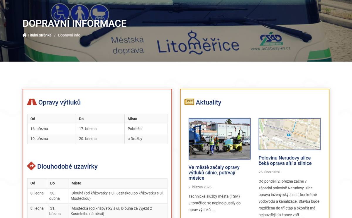 Technické služby města (TSM) Litoměřice začaly od března s opravami výtluků silnic, které potrvají až do konce října. Kde pracovníci budou opravovat se zde na městských stránkách dozvíte vždy před daným týdnem v sekci Dopravní info. Informace najdete také každou neděli na facebookovém profilu města a v platformě Munipolis (dříve Mobilní rozhlas).