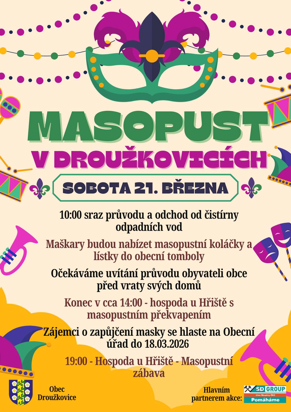 Dne 19.03.2026 od 13:00 do 17:00 bude možné si vyzvednout zamluvené kostými k zapůjčení. Pokud kostým stále nemáte bude možné si kostým také půjčit, budou nějaké kostými k zapůjčení navíc.