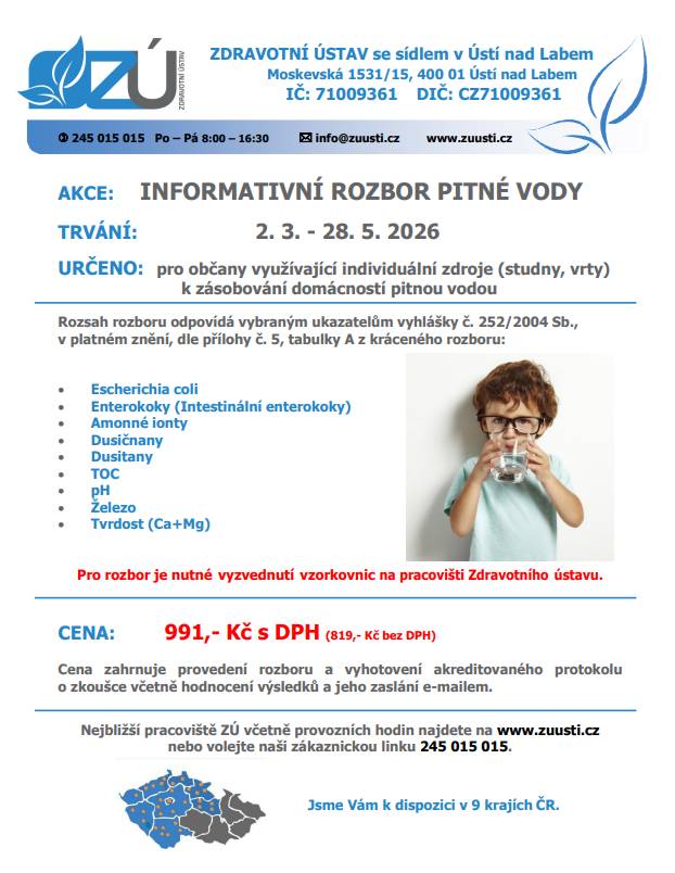 Zajímá vás, jakou kvalitu má voda ve vlastních zdrojích (studny, vrty)?  Zdravotní Ústav se sídlem v Ústí nad Labem (zřizovatelem je Ministerstvo Zdravotnictví ČR) nabízí nyní pro soukromé osoby informativní rozbor vody za velmi výhodnou cenu.