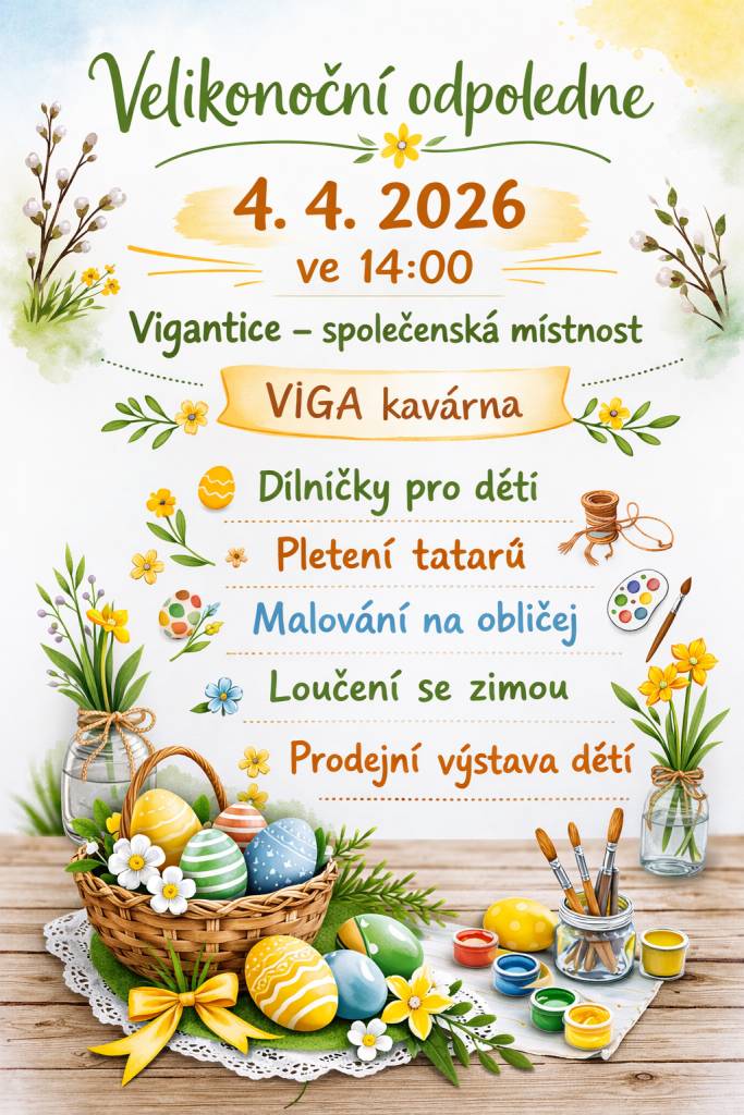 Přijďte na Velikonoční odpoledne, které se uskuteční 4. dubna 2026 ve 14:00. Akce se zaměří na pletení tatarů a je určena pro všechny, kteří chtějí strávit čas tvořivě a v přátelské atmosféře.