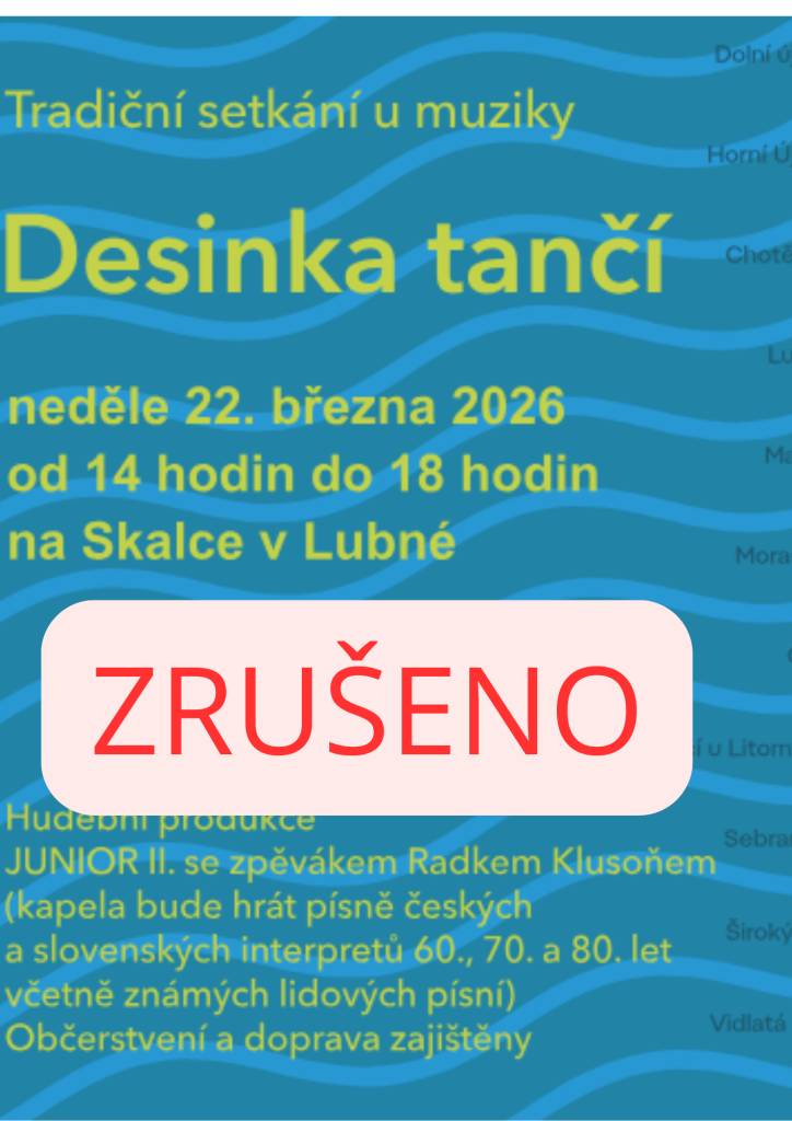 Oblíbené setkání "Desinka tančí" je zrušeno z důvodu únorového požáru v kulturním zařízení Skalka v Lubné.