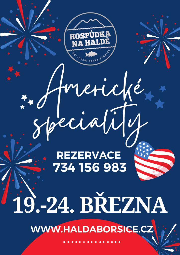 Hospůdka na Haldě si pro Vás od 19.3. do 24.3 připravila Americké speciality.  Těšit se můžete na tacos, žebra, steaky, burgery, křidýlka a mnoho dalších amerických specialit.  Rezervace stolu na telefonu 734 156 983.