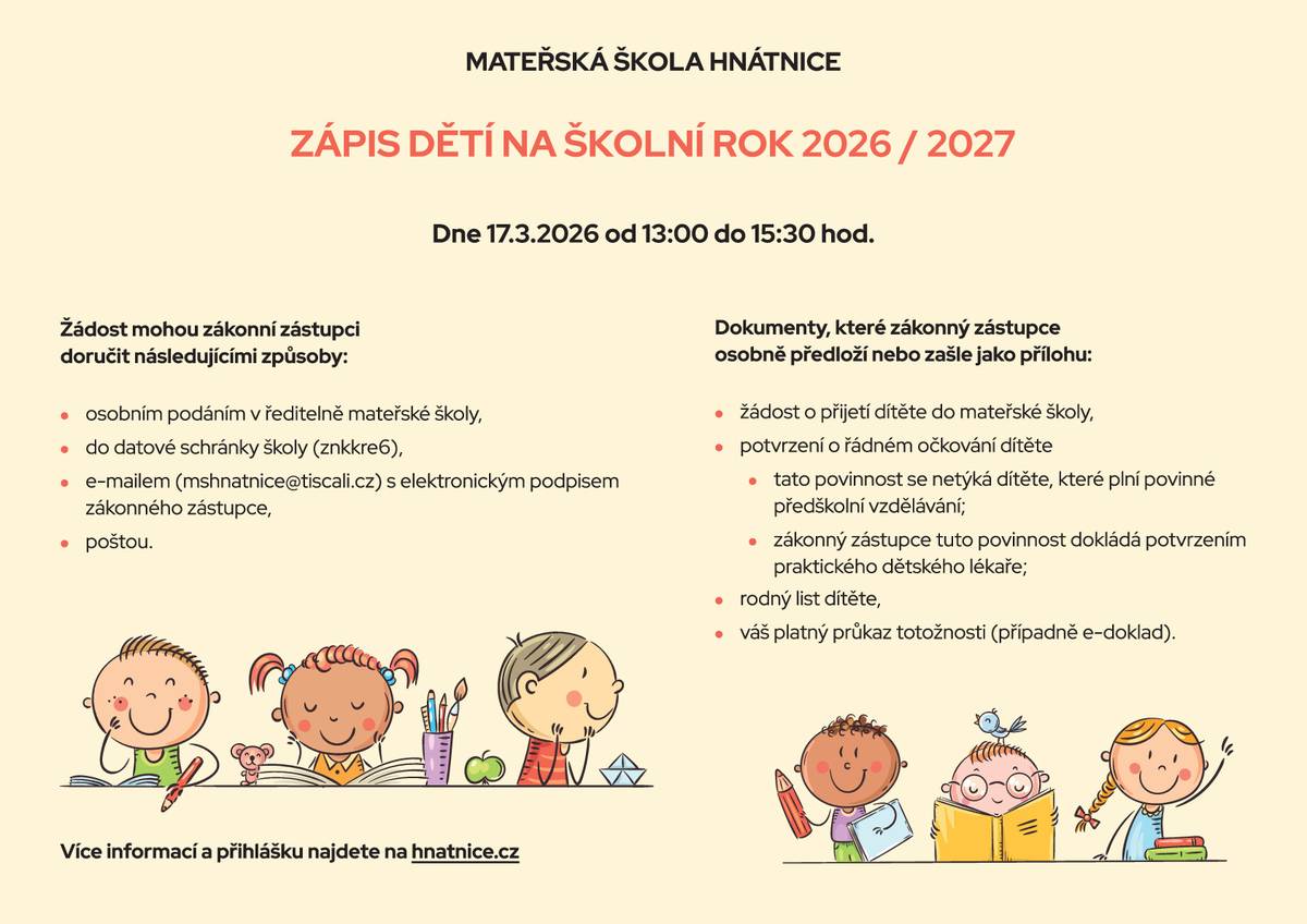 Dnes 17. 3. 2026 proběhne v MŠ od 13 do 15.30 zápis dětí na školní rok 2026/2027.