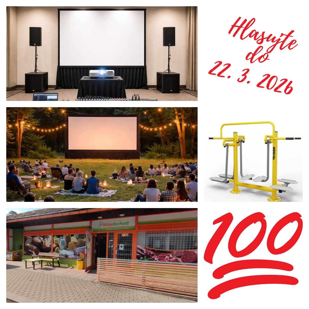 Oldřichovská stovka 2026 - hlasování  Do Oldřichovské stovky přišlo několik super nápadů! Některé jsme bohužel po prověření realizovatelnosti museli vyřadit (nesplnily podmínky finanční, nebo nebyly dostatečně konkrétní). Do hlasování se tak probojovaly čtyři Vaše nápady: pozvat putovní letní kino, sjednotit exteriér budovy potravin - vkusné polepy výloh, venkovní posilovací stroj nejen pro seniory - stepper, projektor a zvukařská technika na sál Besedy. Hlasování trvá do 22.3.2026, hlasovat můžete přes systém Munipolis nebo osobně papírovou formou na obecním úřadu. Hlasují občané Oldřichova v Hájích starší 15 let. Obrázky tohoto příspěvku jsou pouze ilustrační. Děkujeme všem, kteří se zapojili a poslali své nápady do Oldřichovské 100! Těšíme se na vítězný návrh   Jana a Jířa https://www.munipolis.cz/app/anketa/oldrichovskastovka2026