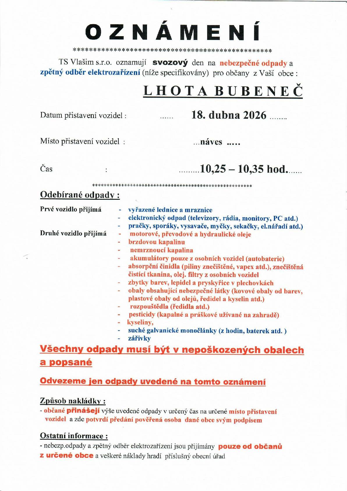 TS Vlašim s.r.o. oznamují svozový den na nebezpečné odpady a zpětný odběr elektrozařízení