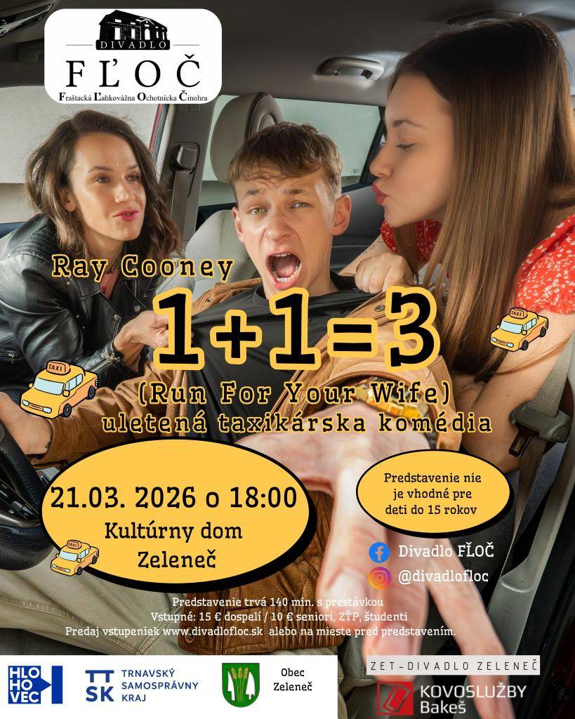 Repríza úspešnej divadelnej komédie 1+1=3 od Raya Cooneyho - príbeh o taxikárovi, ktorý si až do istej chvíle myslel, že je možné žiť dva rôzne životy ako dvojitý manžel. Siedma inscenácia Divadla FĽOČ prináša brilantnú zápletku, nečakané zvraty, aj pikantné dialógy.