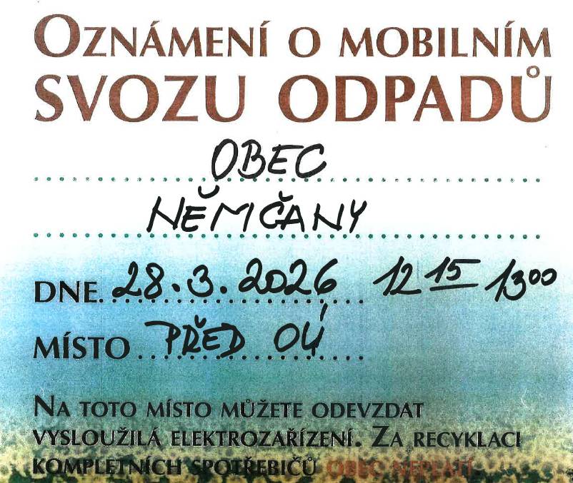V sobotu 28. března proběhne v naší obci od 12.15 hod do 13.00 hod před Obecním úřadem sběr nebezpečném odpadu a elektrozařízení. Sběr není určen pro odpad vznikající z podnikatelské činnosti.