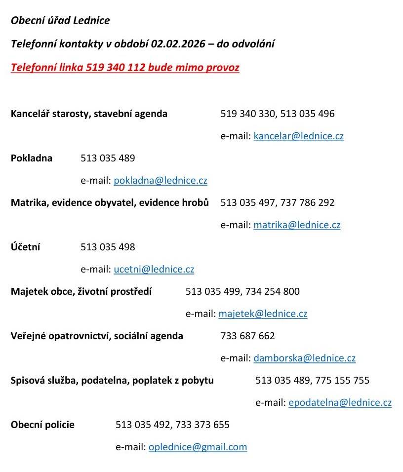 Telefonní kontakty na obecní úřad v Lednici v termínu 02.02.2026 - do odvolání