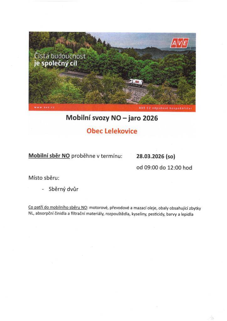 V sobotu 28.3. v době od 9 do 12 hod. proběhne  v Ekodvoře sběr nebezpečného odpadu. V tuto dobu odběr ostatního odpadu omezen.  Do NO patří : motorové, převodové a mazací oleje, obaly obsahující zbytky NL, absorpční činidla a filtrační materiály, rozpouštědla, kyseliny, barvy, lepidla, pescitidy.