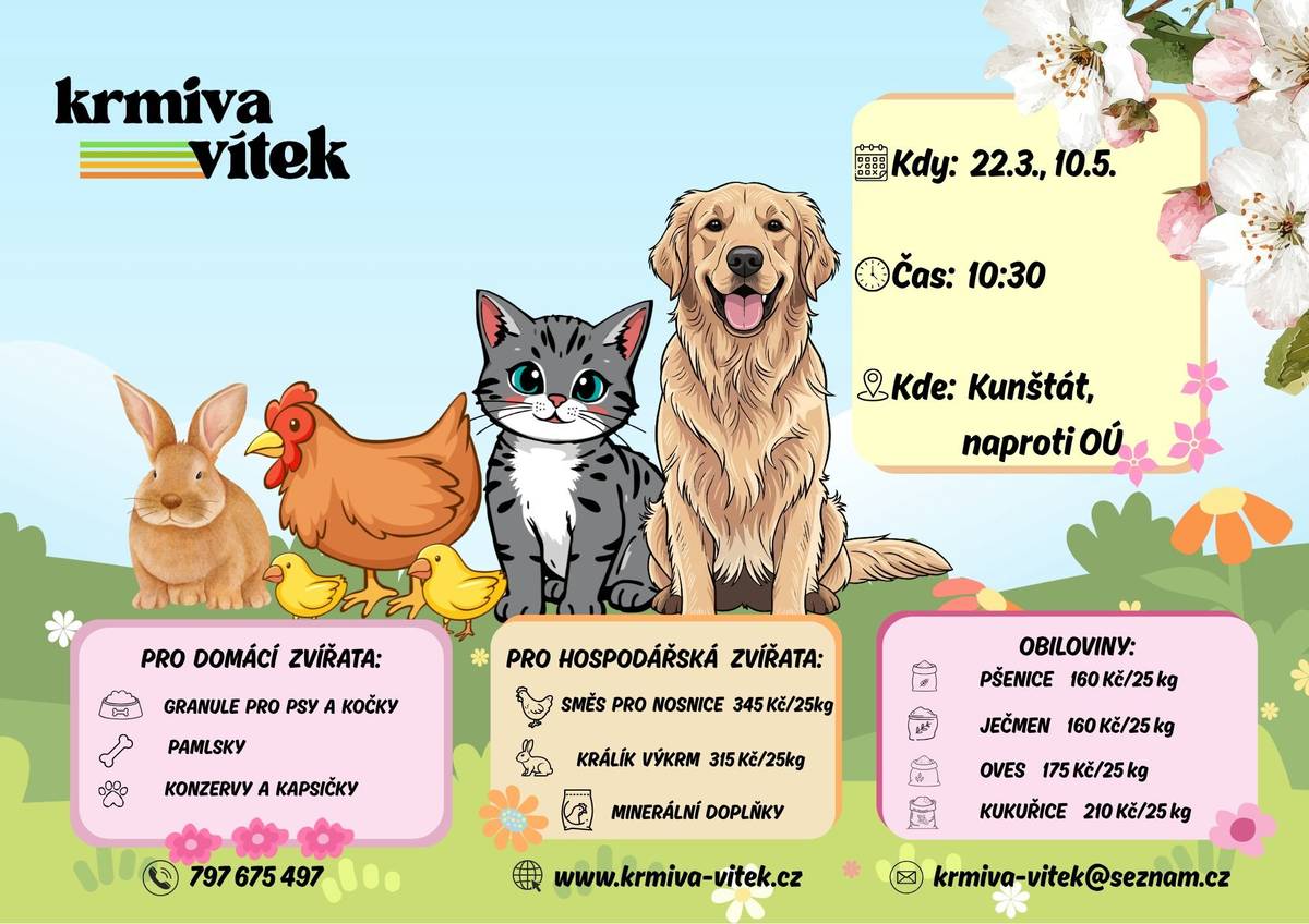 Firma Vítek bude prodávat krmiva pro domácí a hospodářská zvířata. Nyní v akci: Letní směs pro nosnice 345Kč/25kg, Králík výkrm 315Kč/25kg, kapsičky pro kočky od 5 Kč/ks. Dále proběhne výkup králičích kůží za 15Kč/ks. Prodej proběhne v neděli 22.3. v 10:30 naproti MÚ.