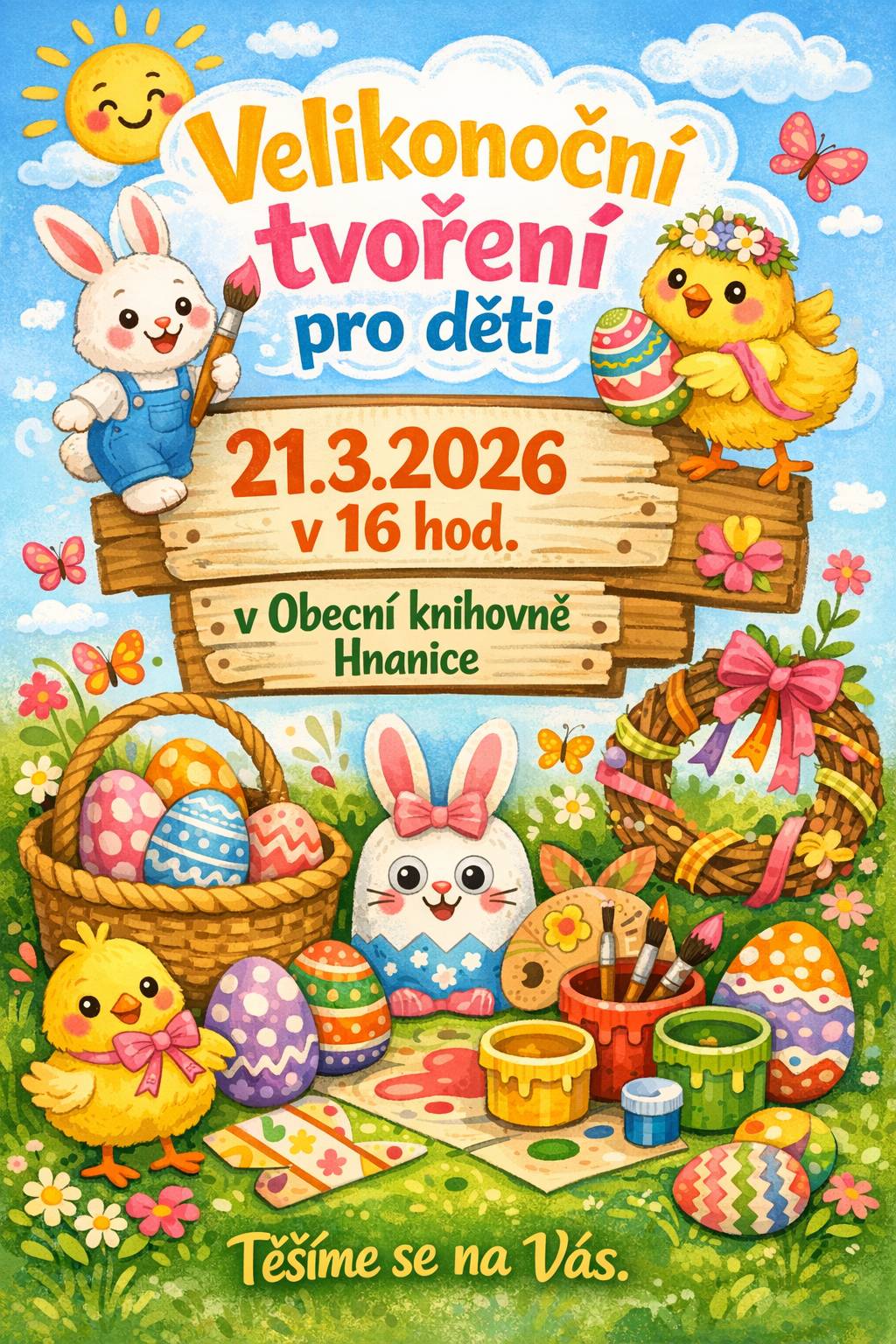 Srdečně Vás zveme na velikonoční tvoření pro děti, které se uskuteční v sobotu 21.3.2026 od 16:00 hodin, v Obecní knihovně Hnanice. Materiál k tvoření bude na místě k dispozici, s sebou si ale můžete přinést vyfouklá vajíčka na malování.