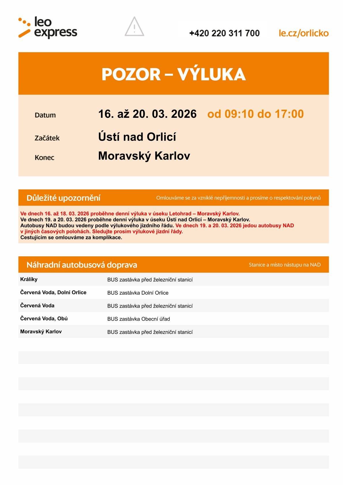 Ve dnech 16.–20. 3. 2026 (vždy od 9:10 do 17:00) proběhne výluka na trati v úseku Letohrad / Ústí nad Orlicí – Moravský Karlov. Vlaky dopravce Leo Express budou v tomto období nahrazeny autobusy náhradní dopravy. 📍 Zastávky náhradní dopravy v Červené Vodě: • Červená Voda – před železniční stanicí • Červená Voda, Obecní úřad • Dolní Orlice – autobusová zastávka • Moravský Karlov: autobus před železniční stanicí ℹ️ Ve dnech 19. a 20. 3. jedou autobusy v jiných časových polohách, proto sledujte přiložené výlukové jízdní řády. 📎 Podrobnosti a jízdní řády jsou uvedeny v přiložených dokumentech.