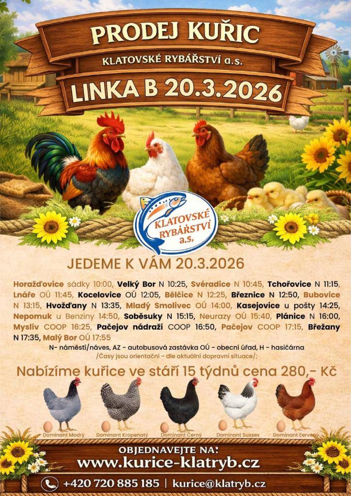 Odjezd z Horažďovic sádky je naplánován na 20. března 2026 v 10:00. Cesta zahrnuje zastávky v několika obcích, včetně Velkého Boru a Svéradic. Celkem bude na trase 16 zastávek, přičemž poslední zastávka bude v Malém Boru v 17:55. Upozorňujeme, že časy jsou orientační a mohou se měnit.