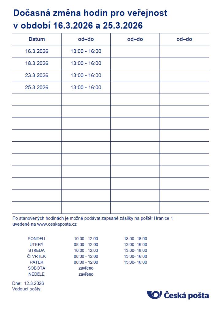 Obecní úřad Paršovice oznamuje, že pošta Partner bude v březnu otevřena v pondělí a ve středu od 13 do 16 hodin. Dále informujeme o uzavření kanceláře účetní, v případě potřeby platby za poplatky v hotovosti či kartou nás prosím kontaktujte. Upřednostňujeme platbu přes bankovnictví.