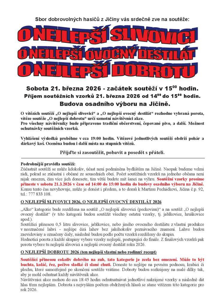 Soutěž o nejlepší slivovici, ovocný destilát a dobrotu – Jičina