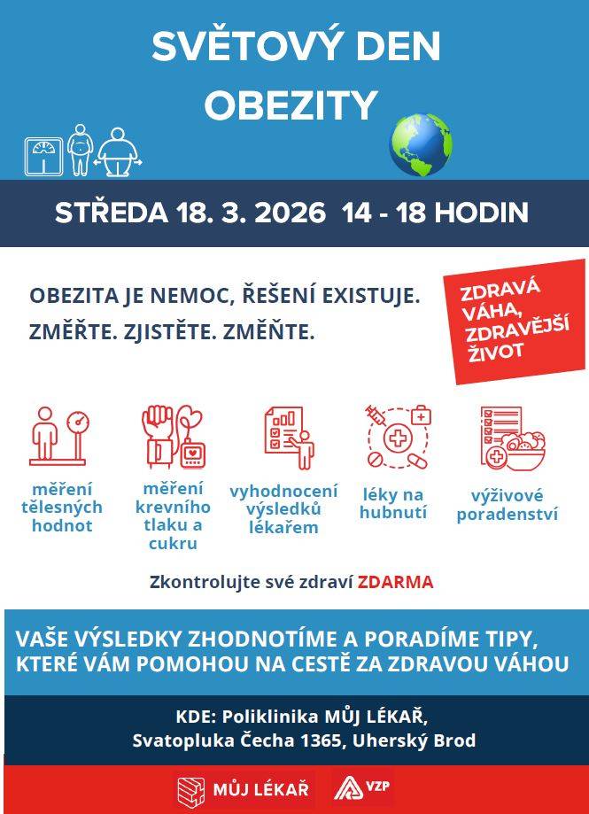 SVĚTOVÝ DEN OBEZITY se koná ve středu 18.3.2026 od 14:00 do 18:00 na Poliklinice MŮJ LÉKAŘ, Svatopluka Čecha 1365 v Uherském Brodě.
