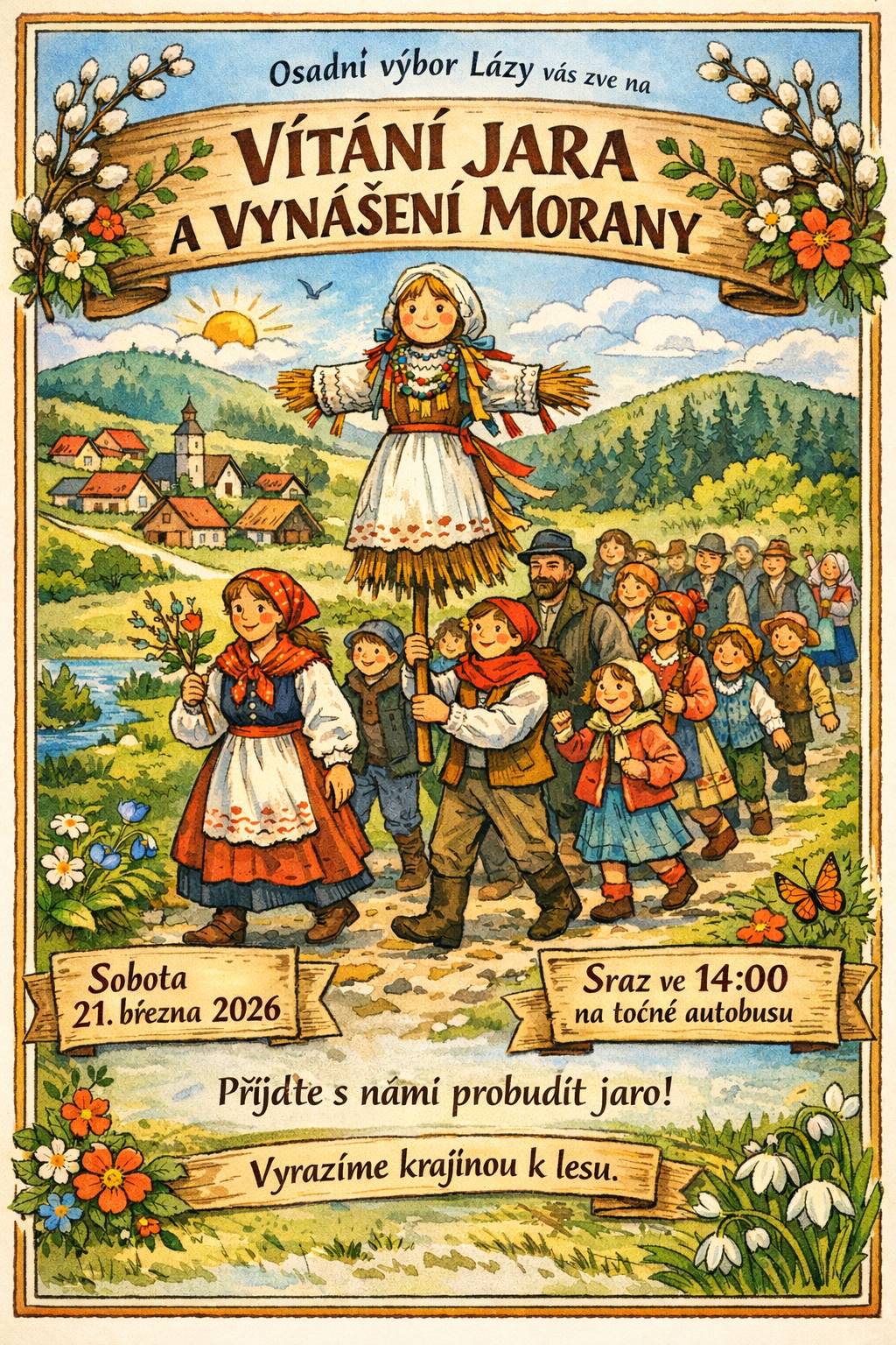 V sobotu 21.3.2026 proběhne Vítání jara a vynášení Morany na Lázech. Začátek je ve 14 hodin na točně autobusu.