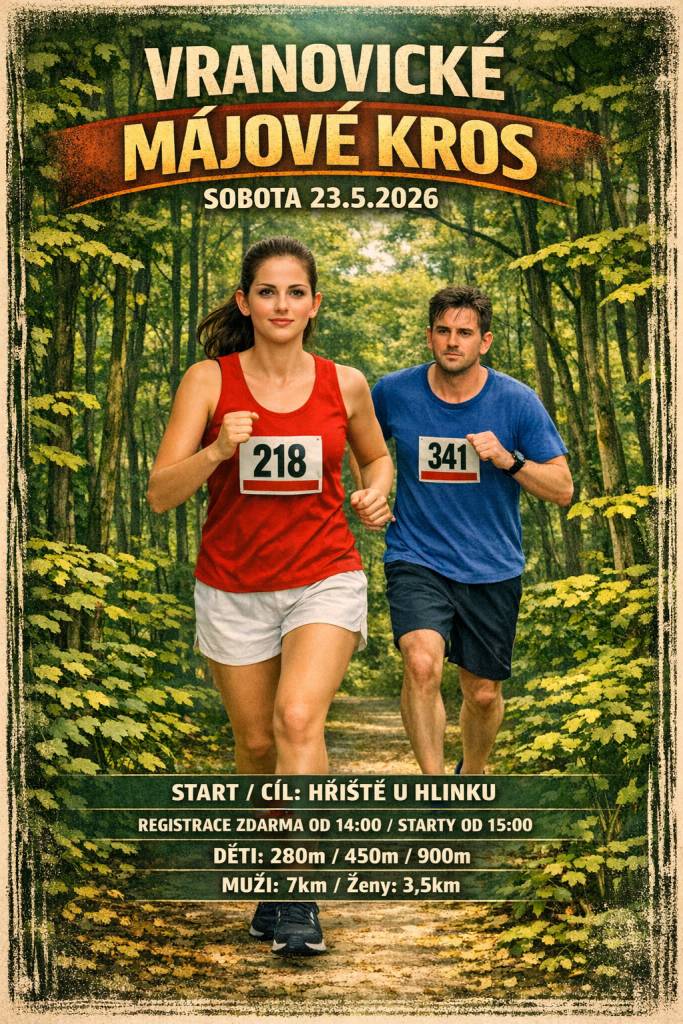 V sobotu 17. května 2026 se na hřišti u vranovického Hlinku koná běžecký závod,který začíná v 14:00, přičemž starty pro děti budou od 15:00. Mladí závodníci se mohou těšit na tratě o délkách 280 m, 450 m a 900 m. Dospělí se mohou zapojit do závodů na 7 km pro muže a 3,5 km pro ženy.
