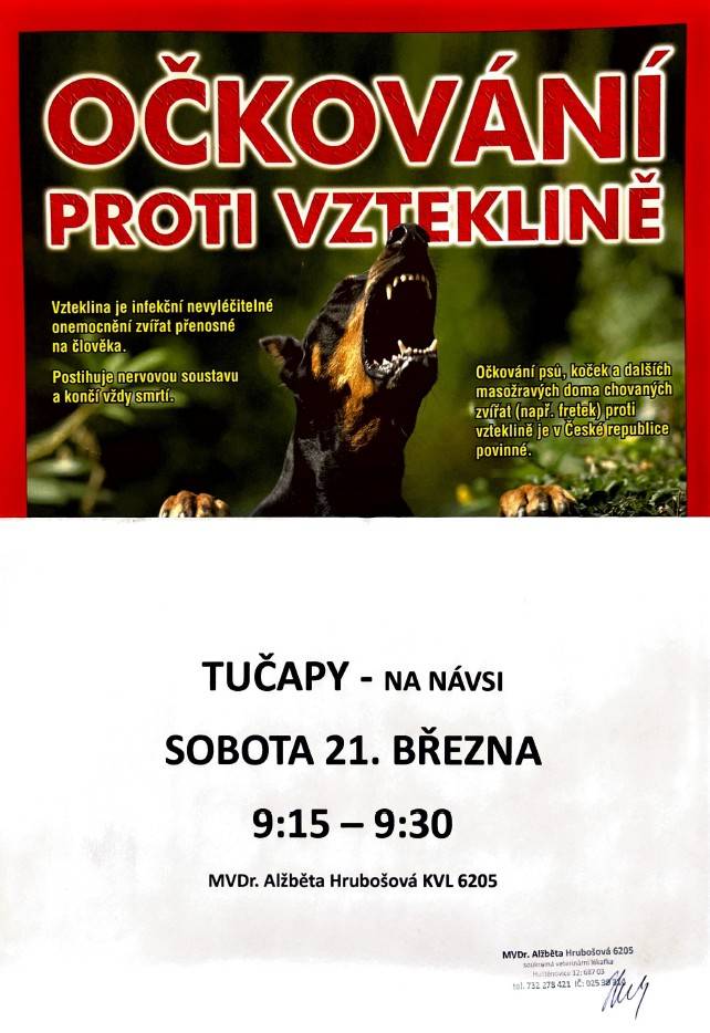 V sobotu 21. 3. 2026 od 9.15 do 9.30 hod. se budou před obecním úřadem očkovat psi proti vzteklině.