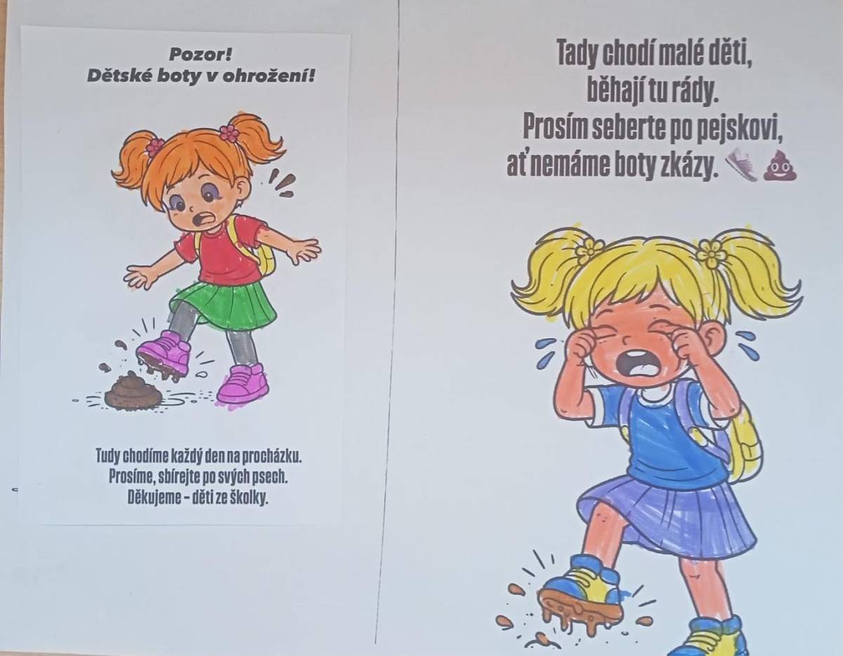 Děti z místní mateřské školy upozorňují na znečištěné chodníky a prosí pejskaře o úklid po svých psech.