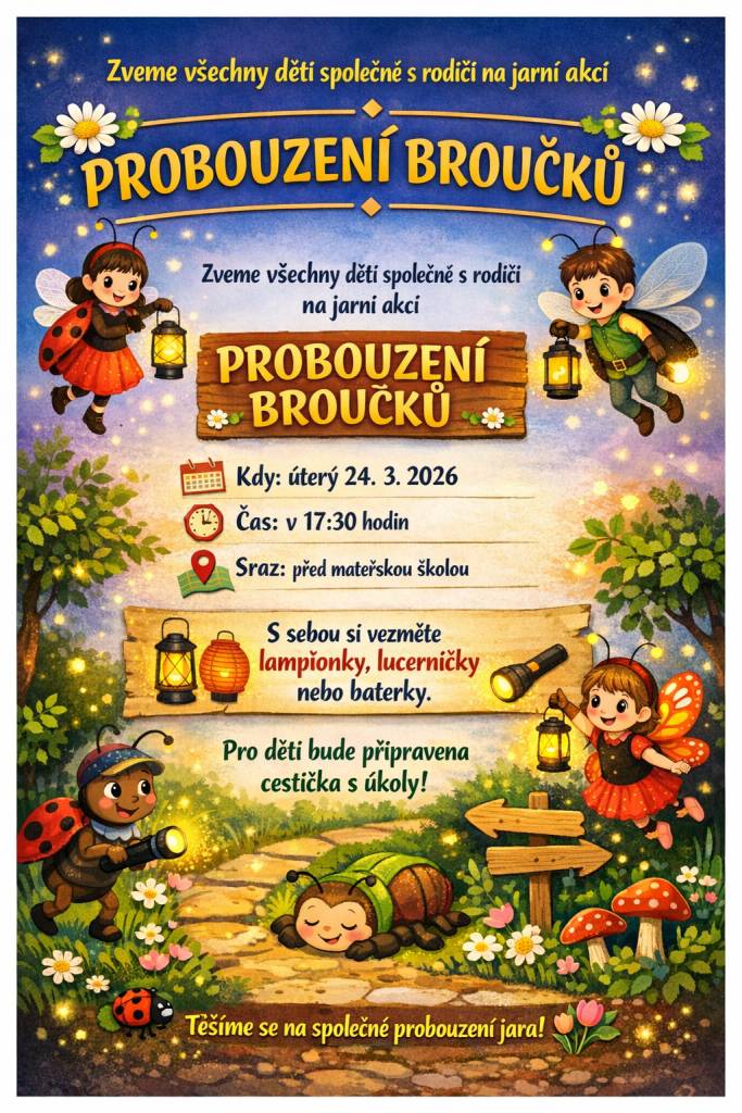 Zveme všechny děti společně s rodiči na jarní akci "Probouzení broučků", které se bude konat v úterý 24. 3. 2026 v 17.30 hod. Sraz účastníků před mateřskou školou.