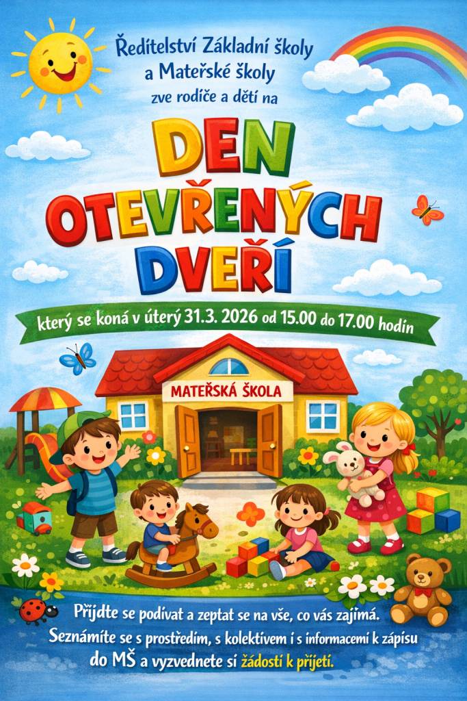 Ředitelství ZŠ a MŠ Vojkovice zve rodiče a děti na "Den otevřených dveří v mateřské škole", který se koná v úterý 31. 3. 2026 od 15:00 do 17:00 hodin.