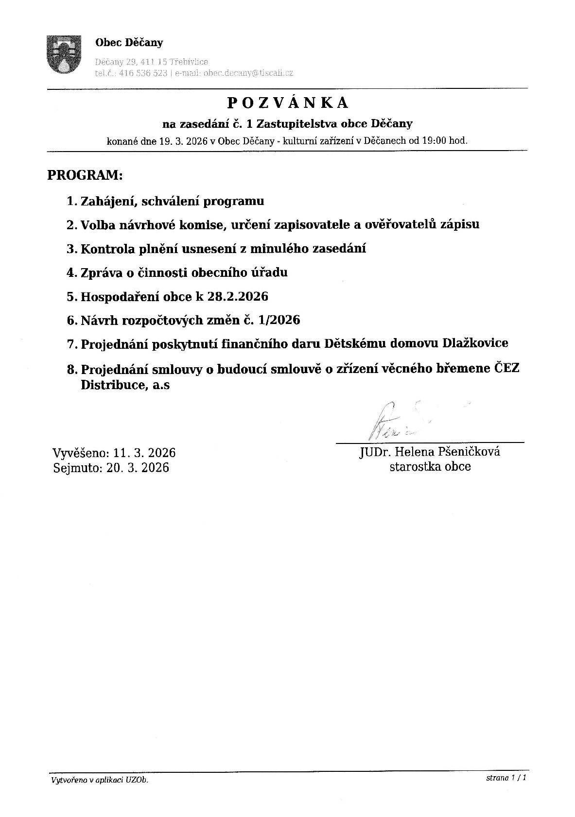 Zastupitelstvo obce Děčany zve občany na své 1. zasedání dne 19.3.2026 v 19:00 hod. do pohostinství v Děčanech