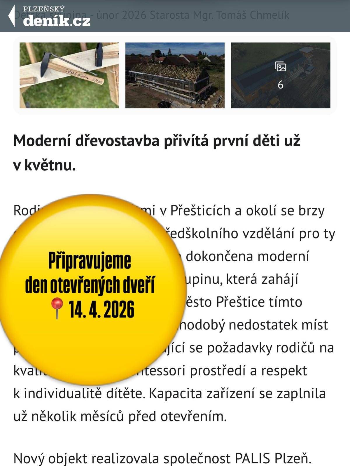 Už v květnu přivítá dětská skupina v Žerovicích první malé dobrodruhy. Pojďte s námi nahlédnout dovnitř a seznámit se s projektem - aktuálně připravujeme den otevřených dveří, který se uskuteční 14. dubna 2026. Bližší informace brzy zveřejníme. Zatím si můžete přečíst článek v Plzeňském deníku - ZDE