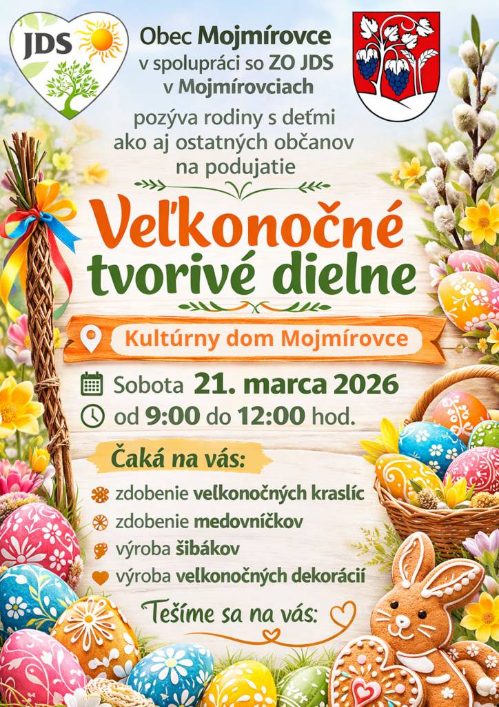 Obec Mojmírovce v spolupráci so ZO JDS v Mojmírovciach pozýva rodiny s deťmi ako aj ostatných občanov na podujatie Veľkonočné tvorivé dielne.