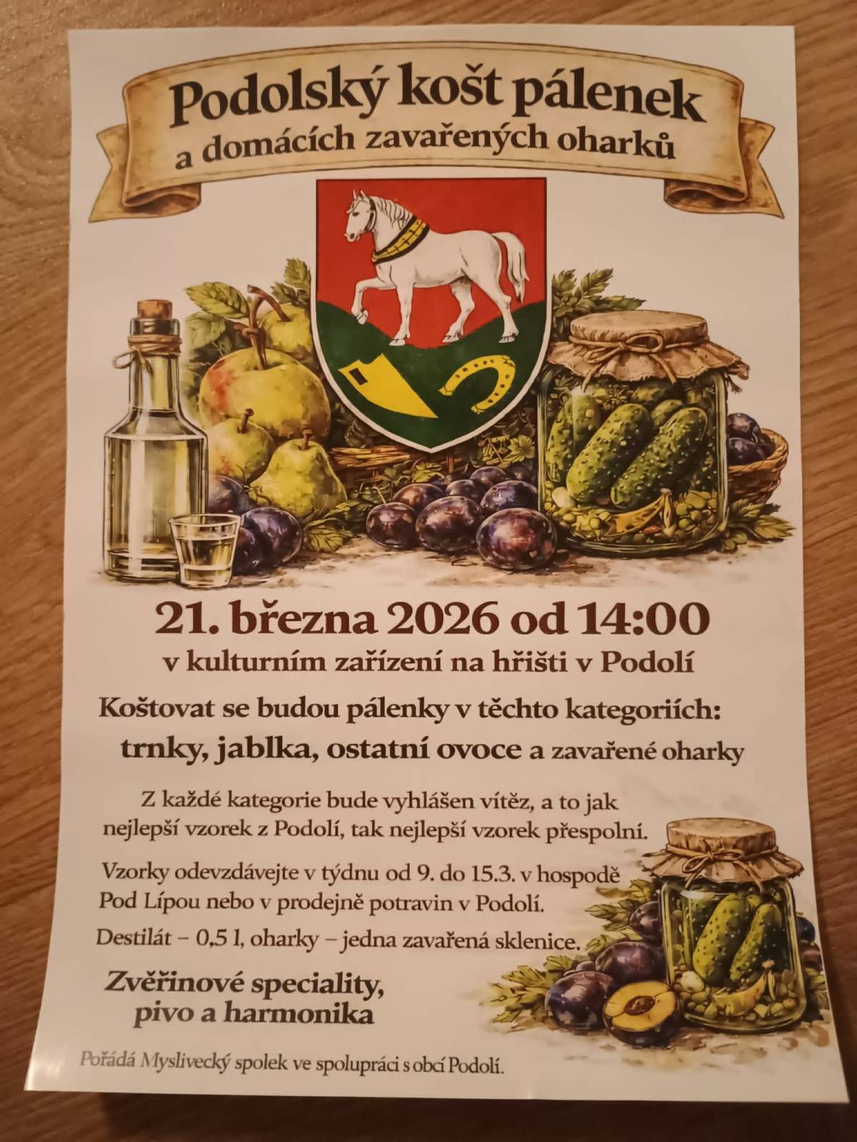 Košt pálenek v Podolí - 21.03.2026 od 14 hodin ve spol.zařízení na hřišti v Podolí.