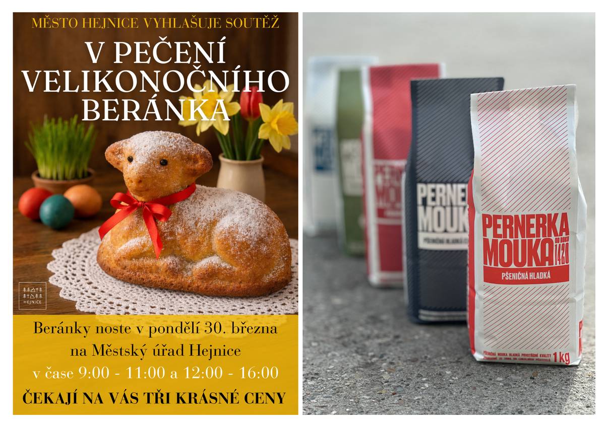 Ať už se pustíte do klasiky podle babičky, nebo vymyslíte originálního slaného beránka – fantazii se meze nekladou.  Soutěž je otevřená všem z Hejnic i z okolí bez rozdílu věku.  Jako jednu z hlavních cen letos můžete získat balíček mouk Pernerka z Mlýnu Raspenava, který nám ceny do soutěže věnoval, moc děkujeme.     Své beránky noste v pondělí 30. března na Městský úřad Hejnice v čase 9:00–11:00 a 12:00–16:00.     O nejvoňavější, nejnápaditější a nejlépe upečené beránky rozhodne odborná porota a čekají vás tři krásné výhry.     Těšíme se na vaše sladké i slané velikonoční výtvory.
