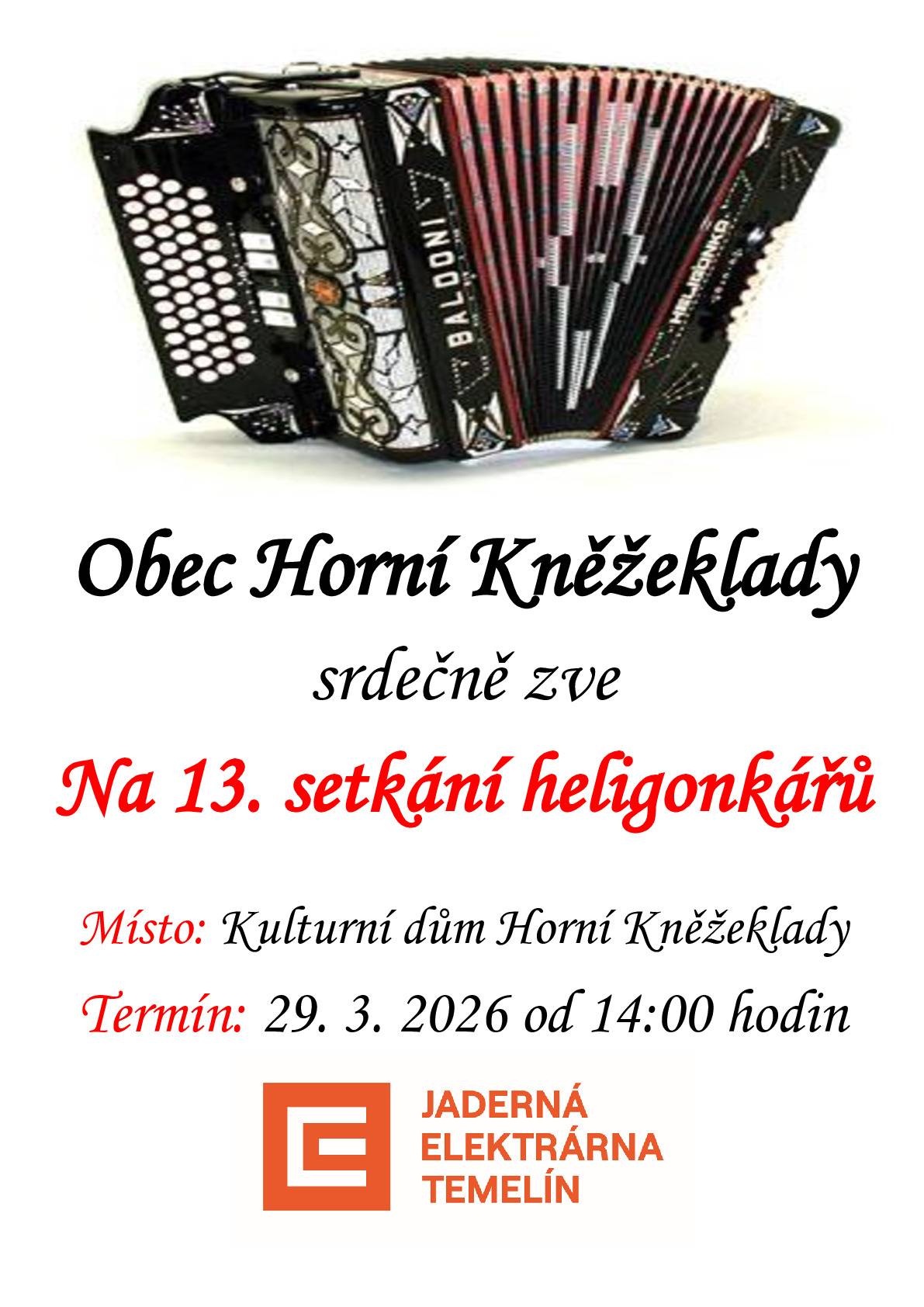 Obec Horní Kněžeklady všechny zve na nedělní odpoledne 29. 3. 2026 k poslechu pěkných písníček.