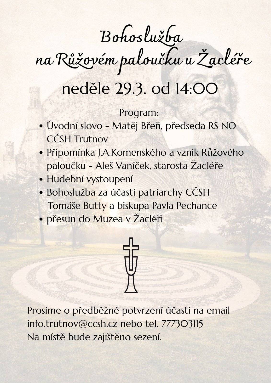 V neděli 29. března se ve 14 h uskuteční v Černé Vodě u památníku J. A. Komenského bohoslužba Církve českolovenské husitské za účasti patriarchy Tomáše Butty a biskupa Pavla Pechance. Pozvání pro tuto mimořádnou příležitost platí i pro místní zájemce.