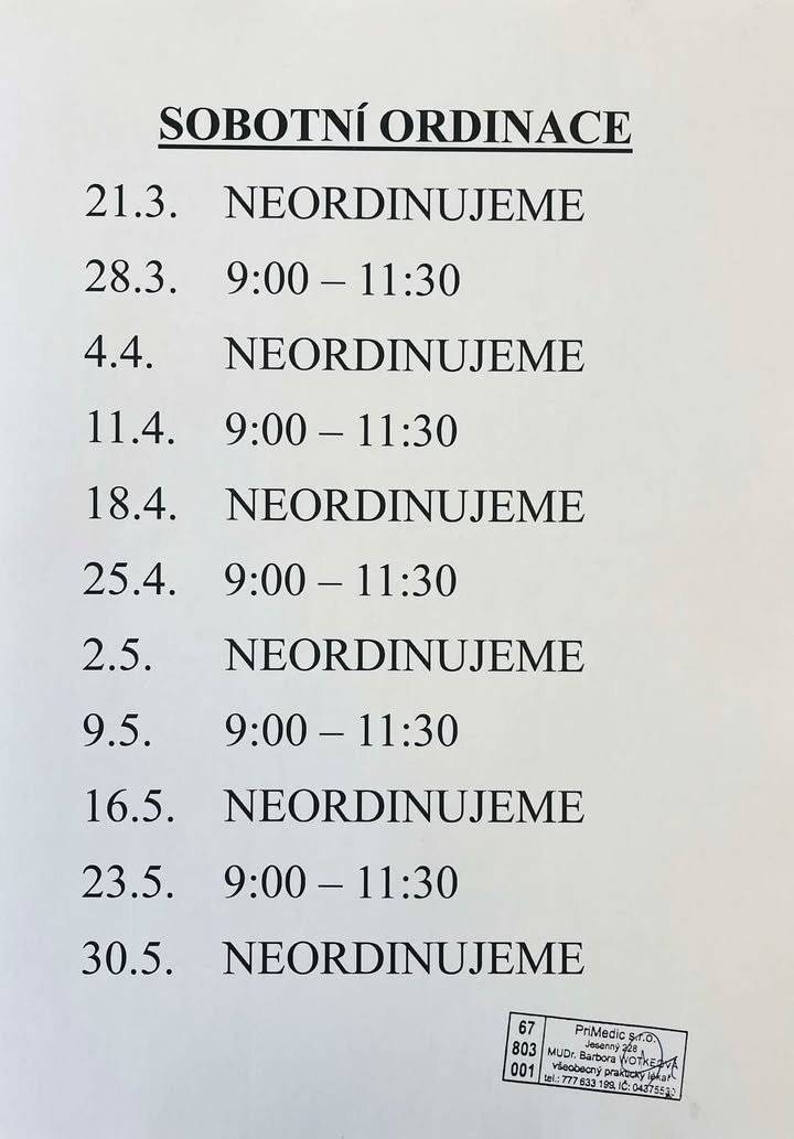 přehled ordinačních sobot v v období březen - červen 2026