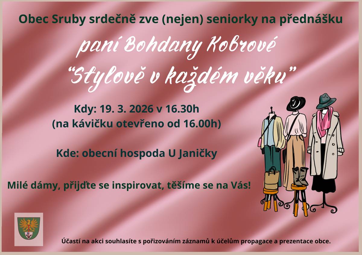 Obec Sruby srdečně zve (nejen) seniory a seniorky na posezení ve čtvrtek 19.3.2026 od 16:30 hod. do salónku hospůdky "U Janičky".