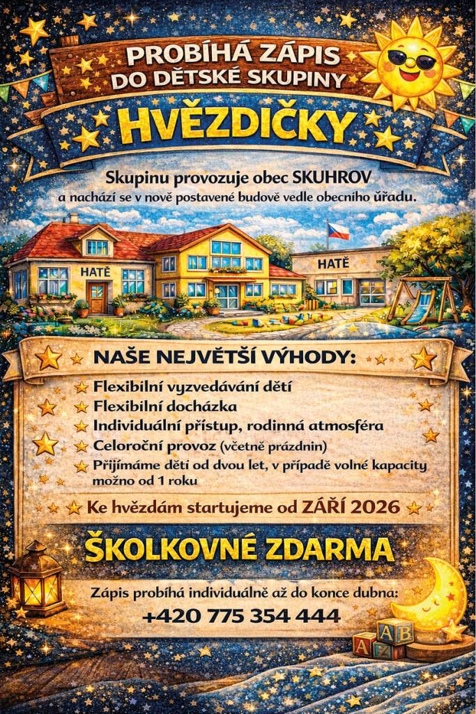 Milý rodiče, probíhá zápis do nové dětské skupiny Hvězdičky.  V případě dotazů nás neváhejte kontaktovat na tel: +420 775 354 444